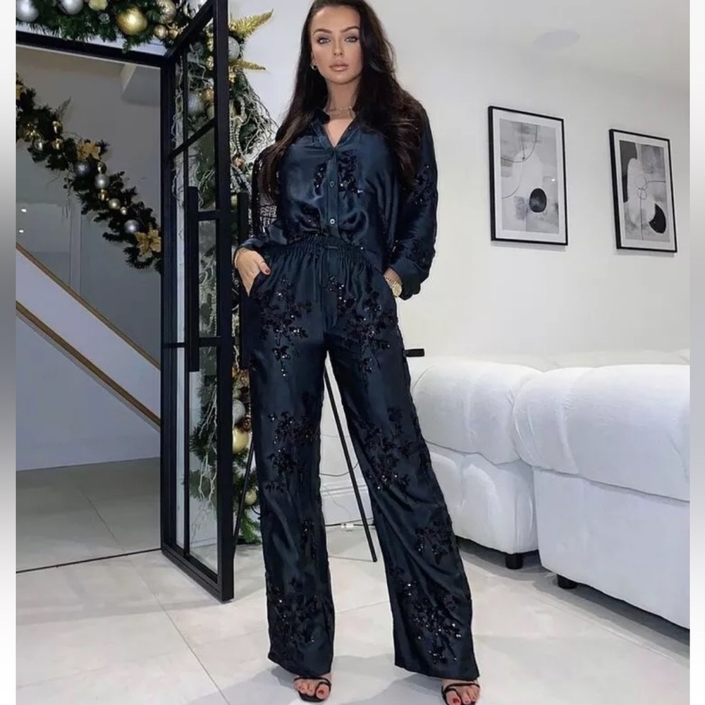 Zara NWOT black sequin satin matching 2 piece set - button shirt & pants - Picture 3 of 15